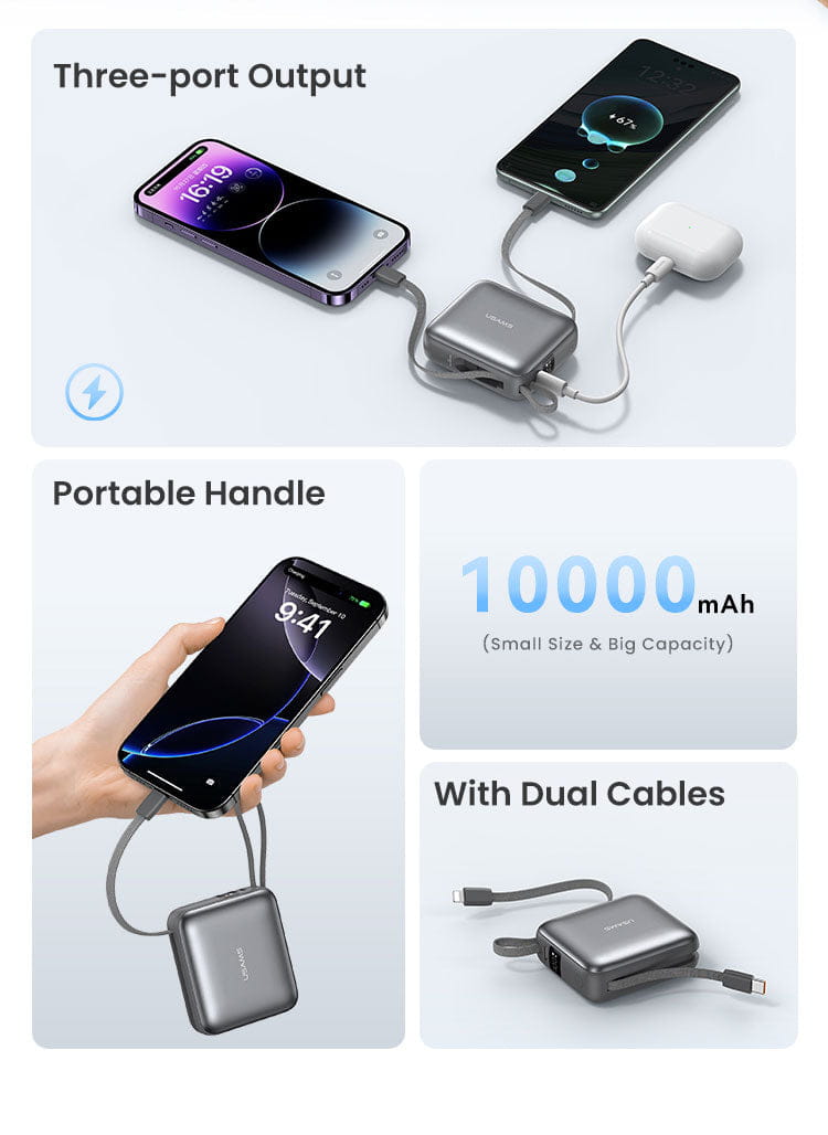 Mini Power Bank Built-in Type-C & Lightning Cable Digital