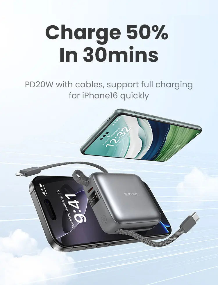 Mini Power Bank Built-in Type-C & Lightning Cable Digital