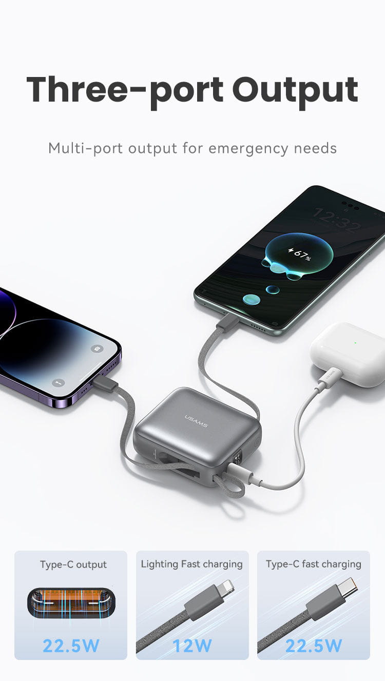 Mini Power Bank Built-in Type-C & Lightning Cable Digital