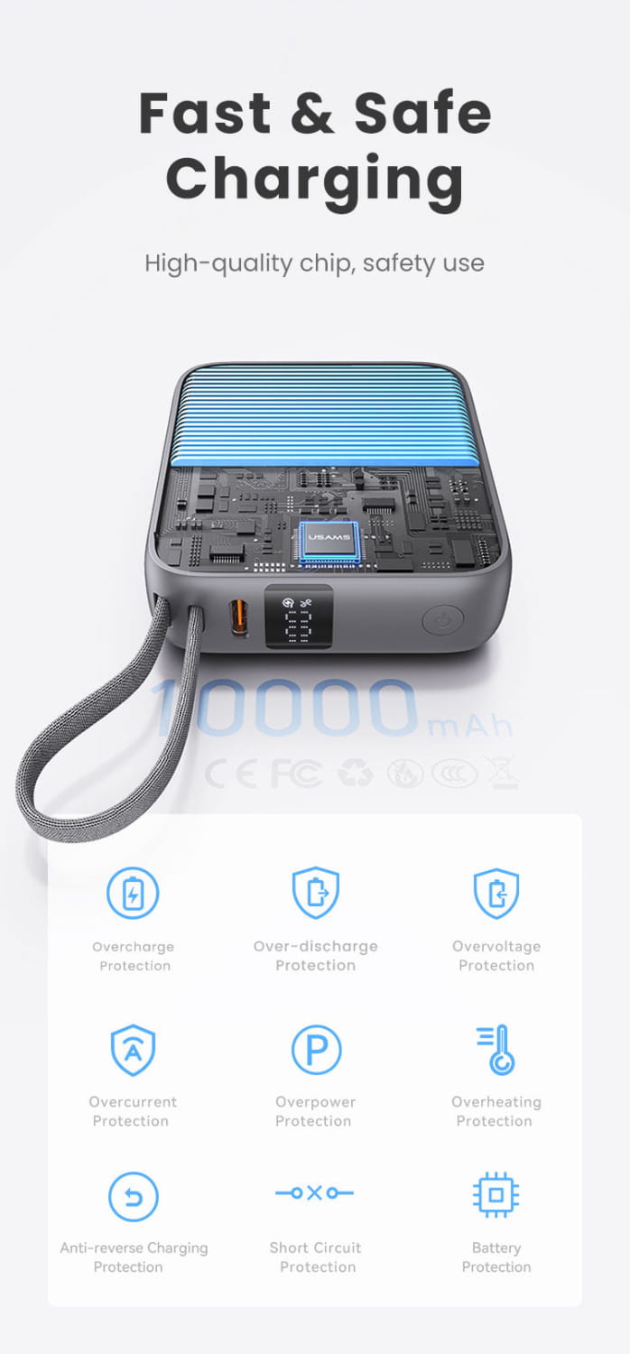 Mini Power Bank Built-in Type-C & Lightning Cable Digital