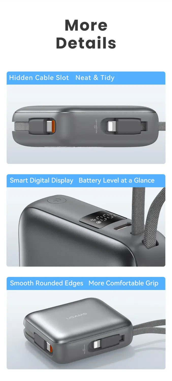 Mini Power Bank Built-in Type-C & Lightning Cable Digital
