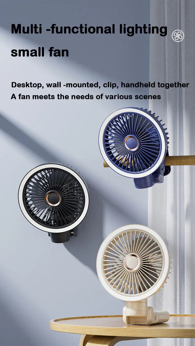 Portable Mini Desk Fan with LED Light Ring USB Rechargeable