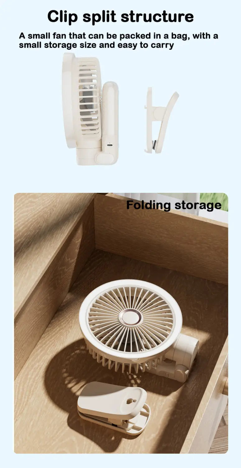 Portable Mini Desk Fan with LED Light Ring USB Rechargeable