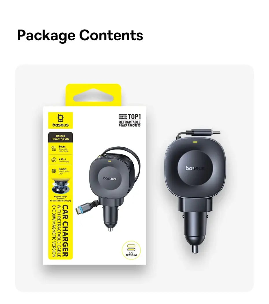 Fast Charging Car Charger USB-C Port + USB-C Retractable