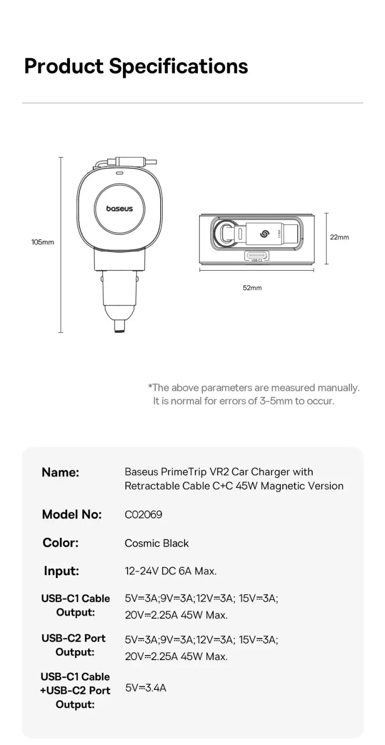Fast Charging Car Charger USB-C Port + USB-C Retractable