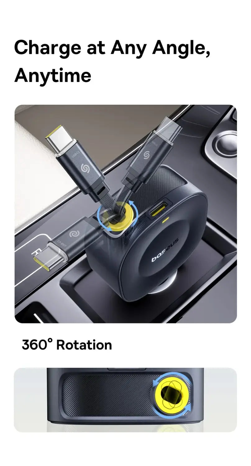 Fast Charging Car Charger USB-C Port + USB-C Retractable