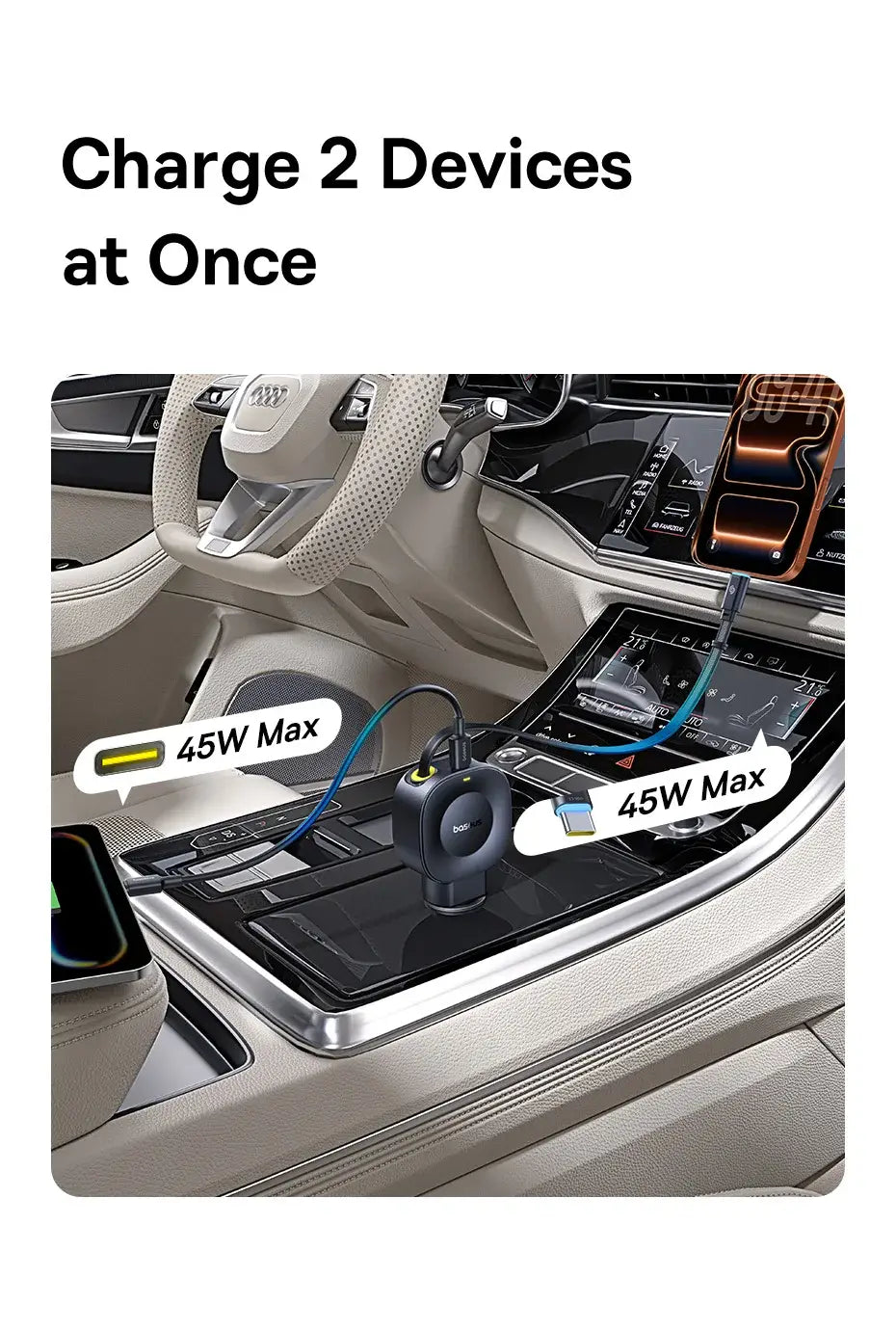 Fast Charging Car Charger USB-C Port + USB-C Retractable