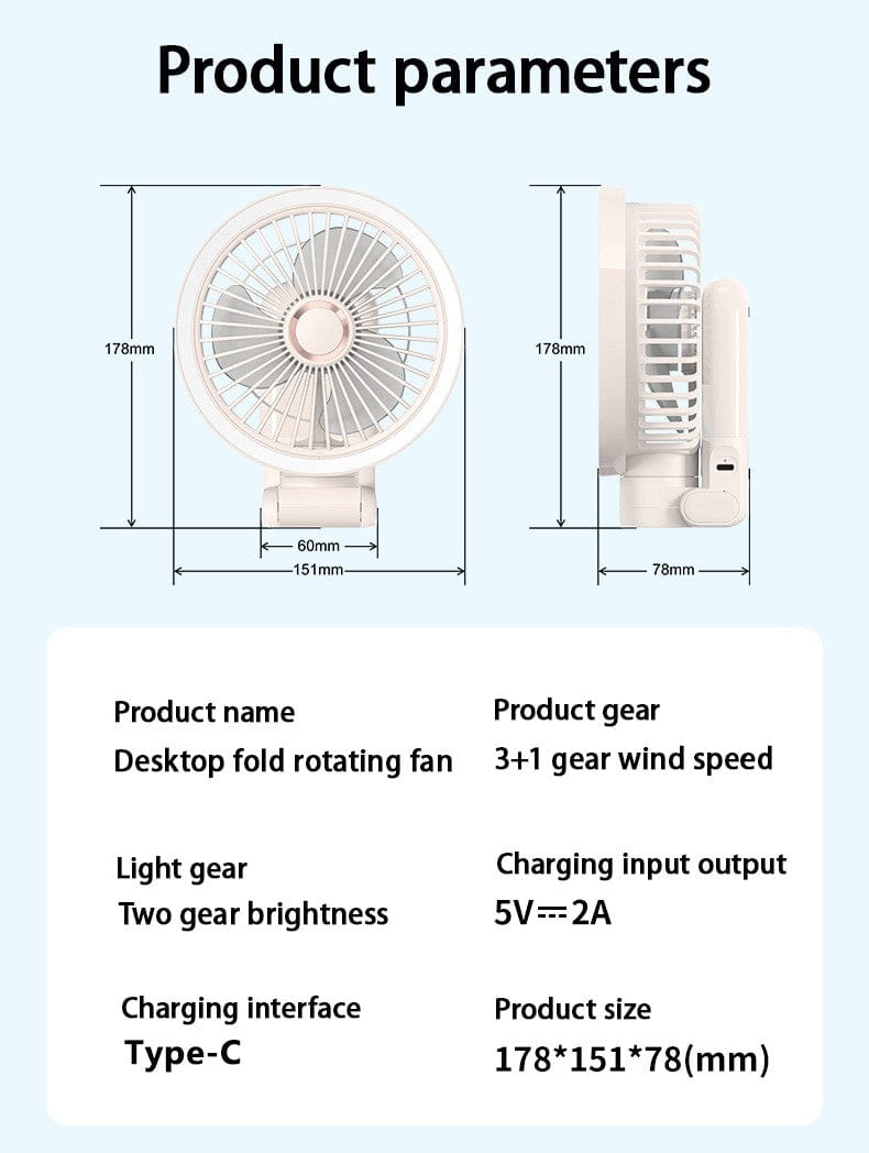 Portable Mini Desk Fan with LED Light Ring USB Rechargeable
