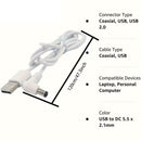 Barrel Jack Power Cable (Elbow) - 5.5mm x 2.1mm charger (White) 1m