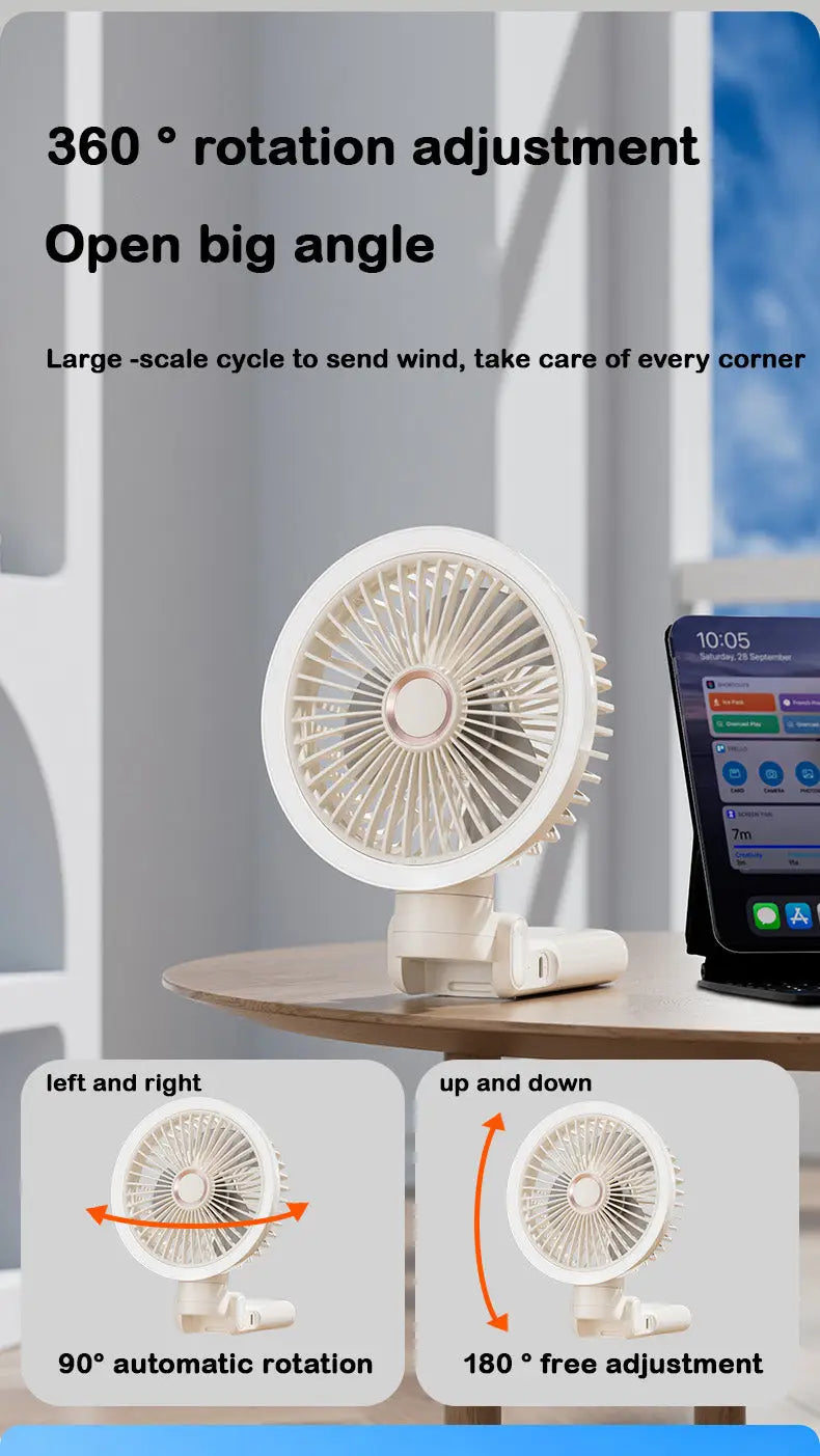 Portable Mini Desk Fan with LED Light Ring USB Rechargeable