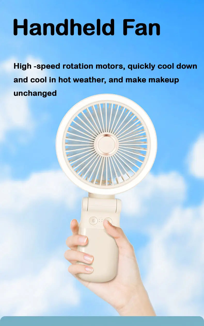 Portable Mini Desk Fan with LED Light Ring USB Rechargeable