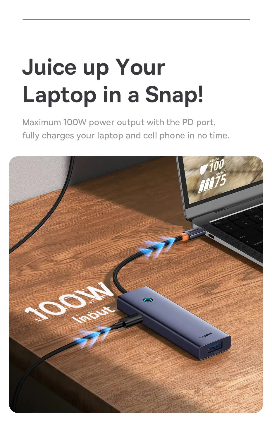 Baseus Type-C to USB 3.0 x 4 + PD 100W 5-Port HUB Adapter