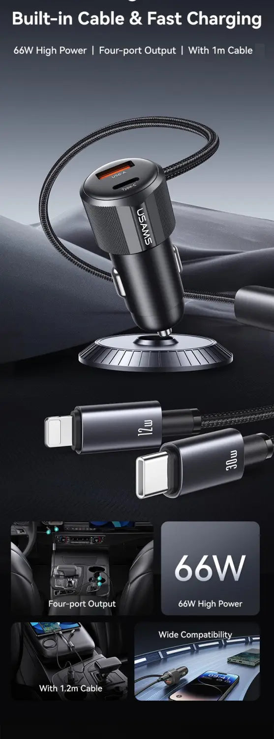 Dual-Port Car Charger with 1 metre Type-C / Lightning Cable
