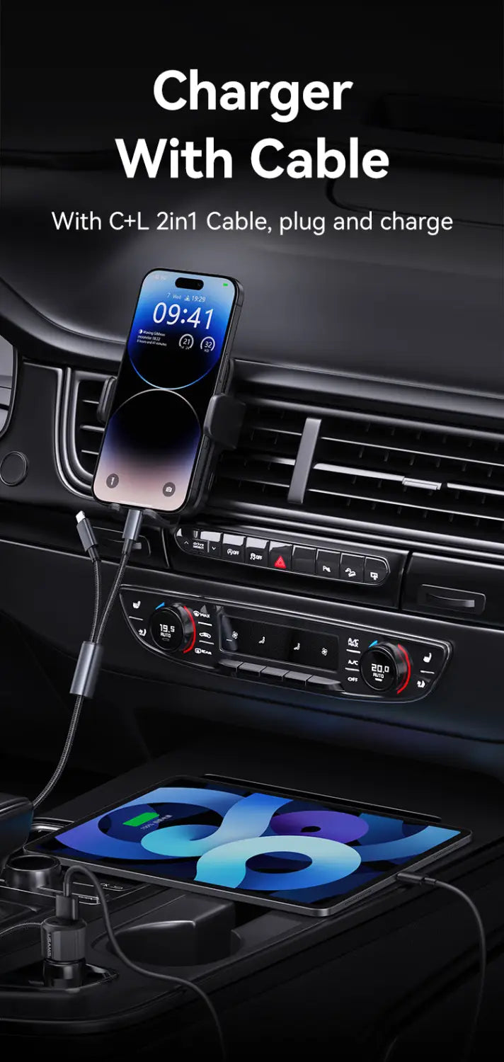 Dual-Port Car Charger with 1 metre Type-C / Lightning Cable