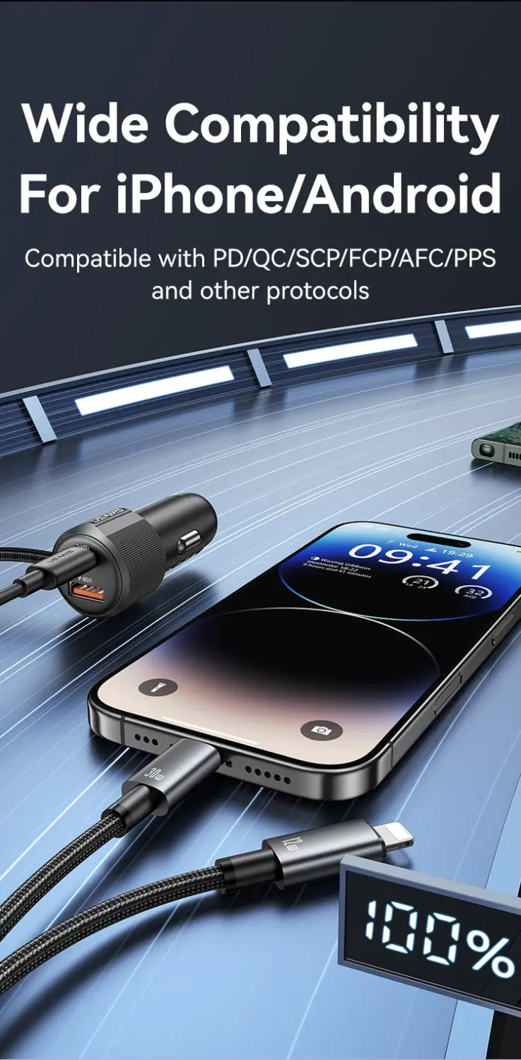 Dual-Port Car Charger with 1 metre Type-C / Lightning Cable