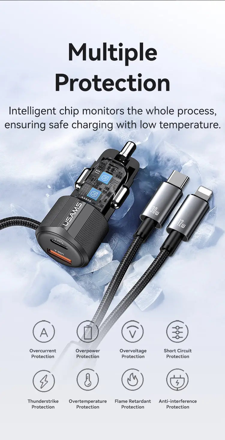 Dual-Port Car Charger with 1 metre Type-C / Lightning Cable