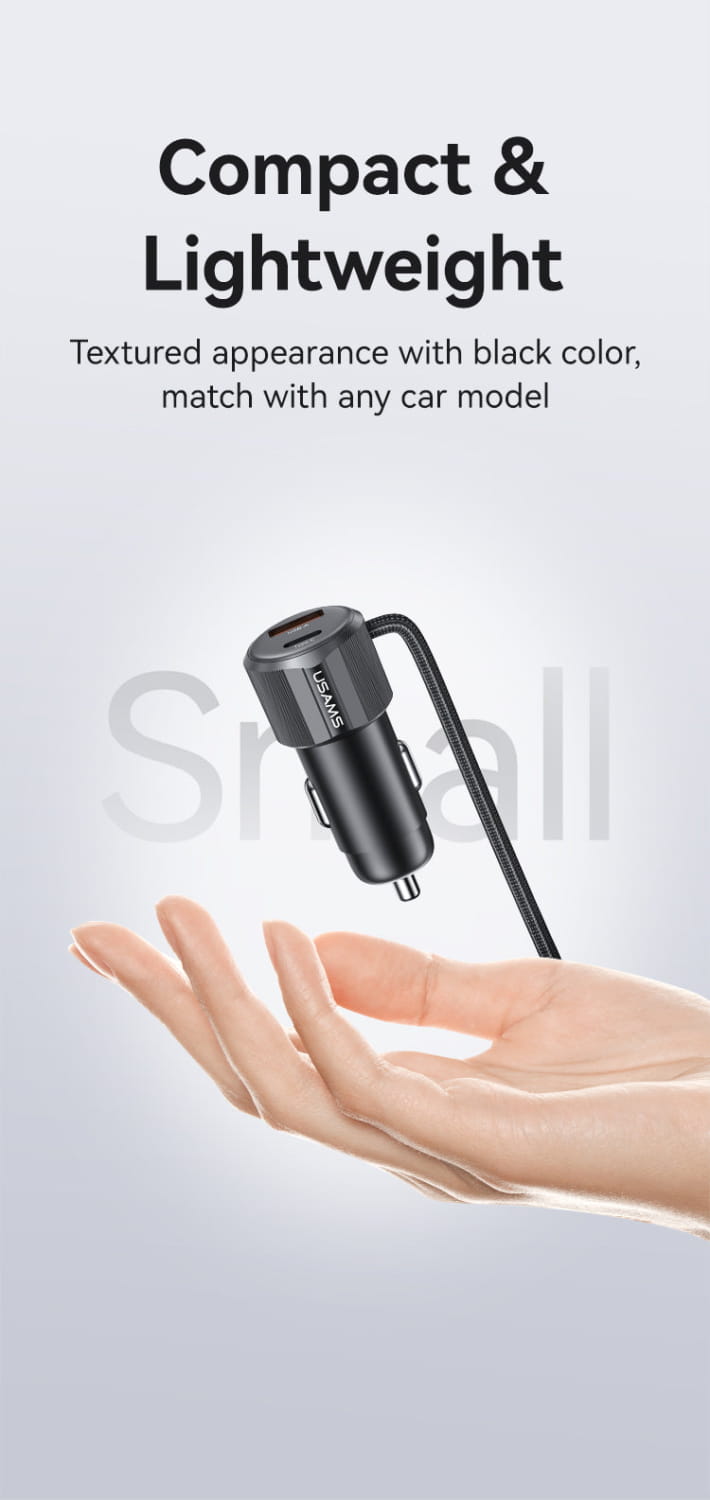 Dual-Port Car Charger with 1 metre Type-C / Lightning Cable