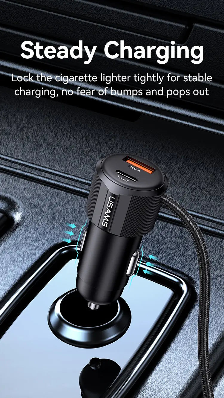 Dual-Port Car Charger with 1 metre Type-C / Lightning Cable