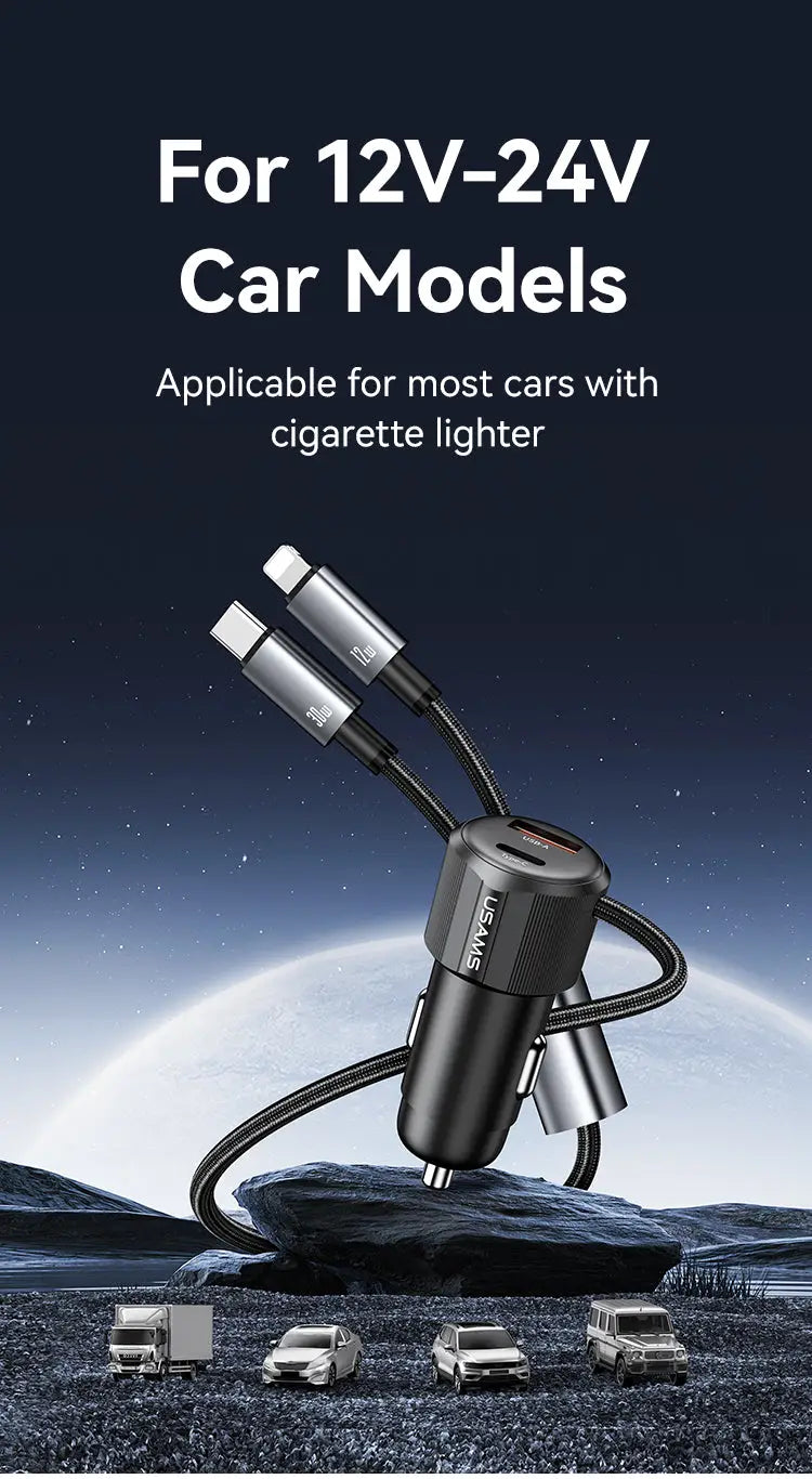 Dual-Port Car Charger with 1 metre Type-C / Lightning Cable