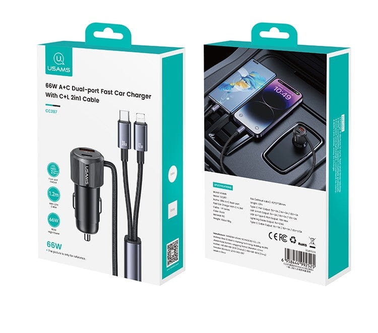 Dual-Port Car Charger with 1 metre Type-C / Lightning Cable