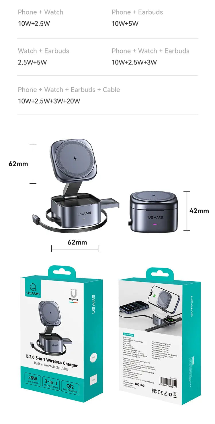 Portable 3-in-1 Magnetic Wireless Charger Charging Stand