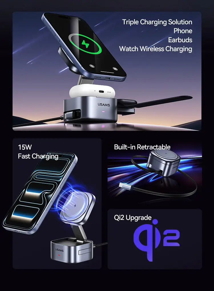 Portable 3-in-1 Magnetic Wireless Charger Charging Stand