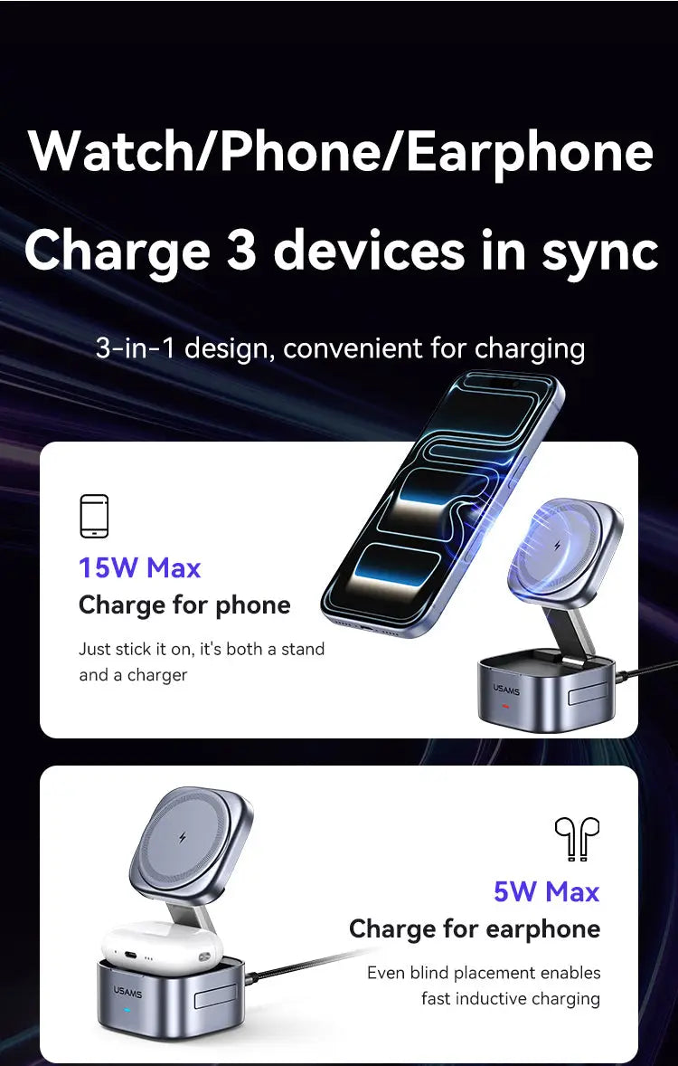 Portable 3-in-1 Magnetic Wireless Charger Charging Stand
