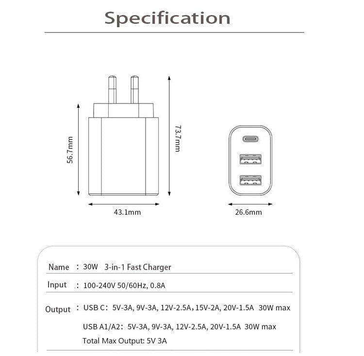 PD 30W Fast Charging Phone Wall Charger Dual USB Type C