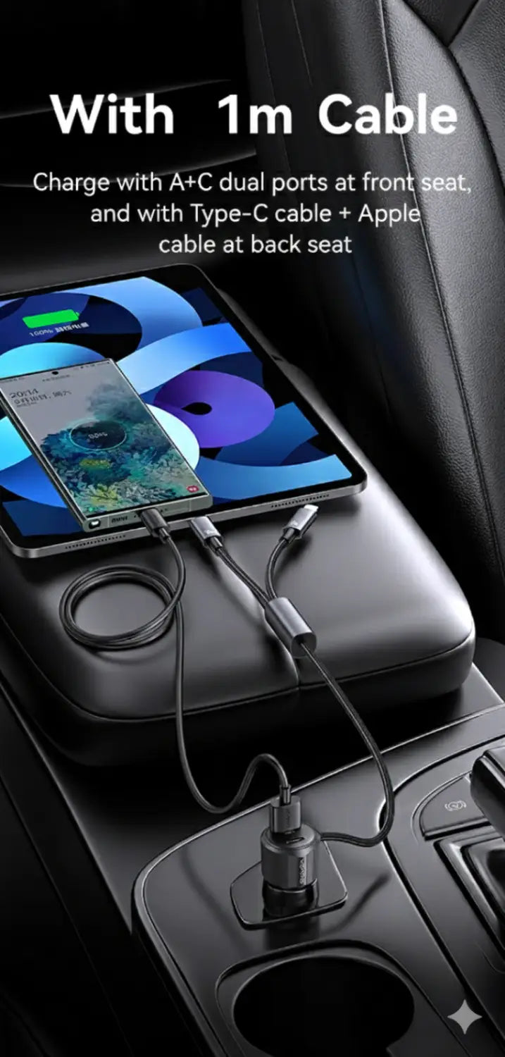 Dual-Port Car Charger with 1 metre Type-C / Lightning Cable