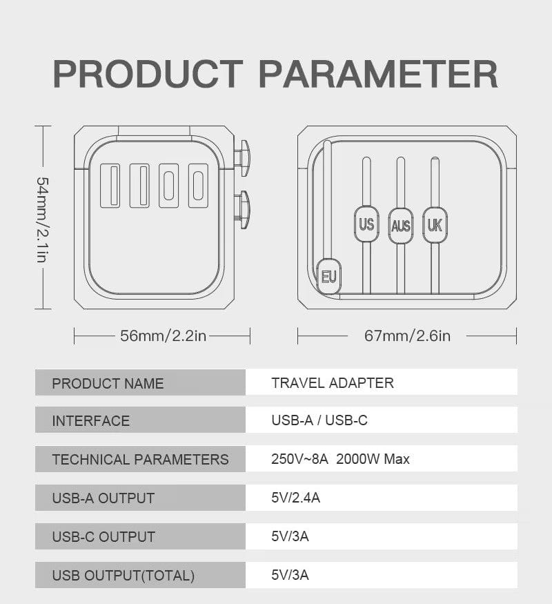 Universal International Travel Adapter for EU UK AU