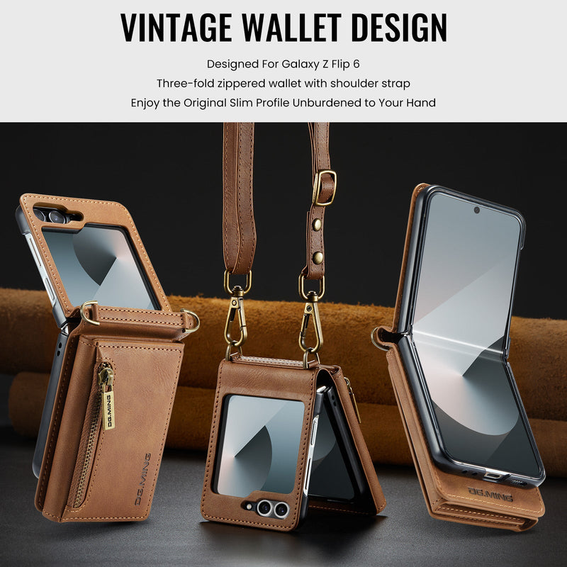 DG.MING Samsung Galaxy Z Flip 7 FE Crossbody Wallet Case [Brown]