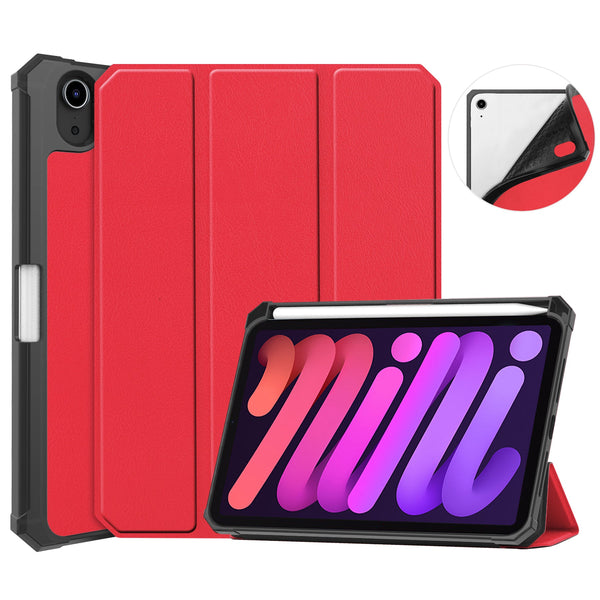 iPad Mini 7 (A17 Pro 2024) Tri Fold PU Leather Case with Pencil Holder [Red]