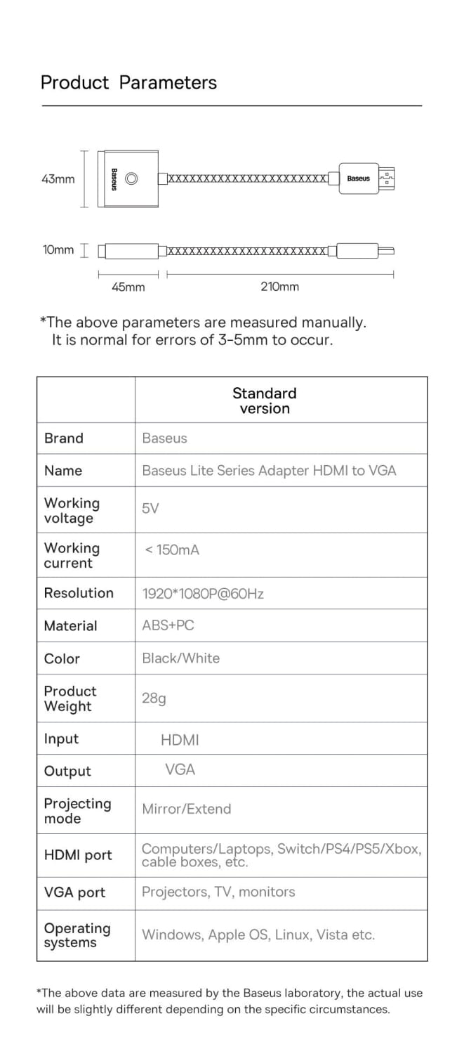 HDMI to VGA Cable Adapter for Laptop Switch PS4 PS5