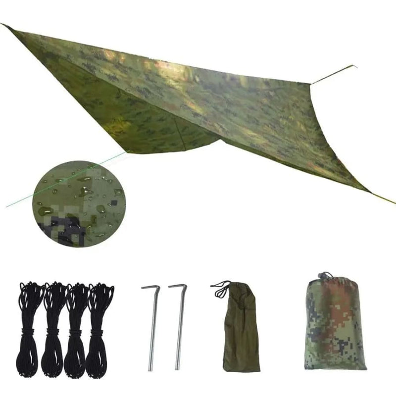 Green Tarp - 2.3m x 2.1m Waterproof Outdoor Shelter - Tools
