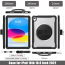 iPad 11" (A16, 2024) / iPad 10 (2022) Rugged Case - 360° Stand, Hand & Shoulder Strap - Shockproof - Black