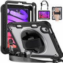 iPad Mini 6 / 7 (A17 Pro) Rugged Case - 360° Stand, Hand & Shoulder Strap - Shockproof - Black