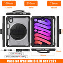 iPad Mini 6 / 7 (A17 Pro) Rugged Case - 360° Stand, Hand & Shoulder Strap - Shockproof - Black