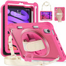 iPad Mini 6 / 7 (A17 Pro) Rugged Case - 360° Stand, Hand & Shoulder Strap - Shockproof - Rose