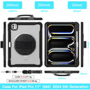 iPad Pro 11" Rugged Case (M5 2025 / M4 2024) - 360° Stand, Hand & Shoulder Strap - Shockproof - Black