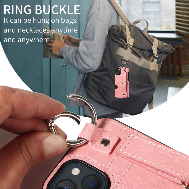 iPhone 13 Case - iPhone 13 / Hand Strap PU Card Case / Pink