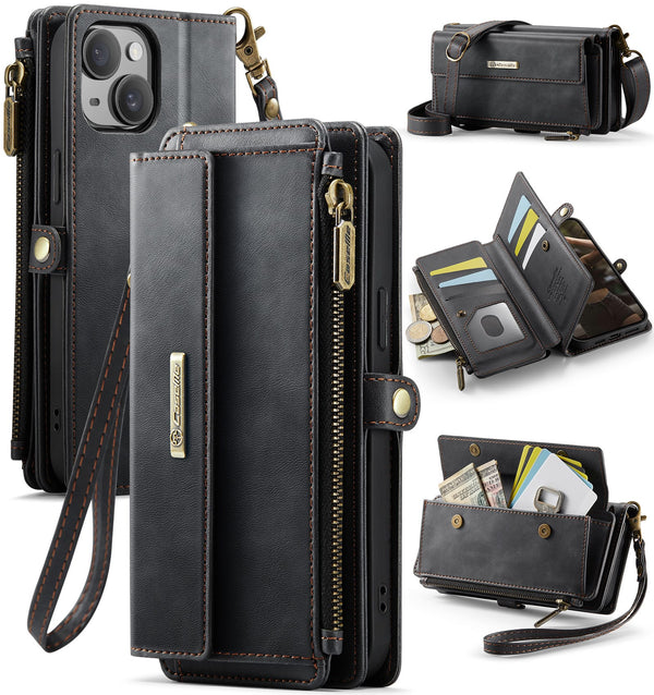 iPhone 15 Crossbody Case with Strap, Card Slots & Zipper Pocket [Black]