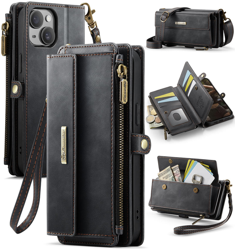 iPhone 15 Crossbody Case with Strap, Card Slots & Zipper Pocket [Black]