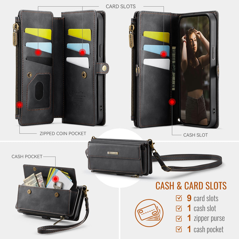 iPhone 14 Crossbody Case with Strap, Card Slots & Zipper Pocket [Black]