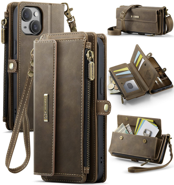 iPhone 15 Plus Crossbody Case with Strap, Card Slots & Zipper Pocket [Coffee]