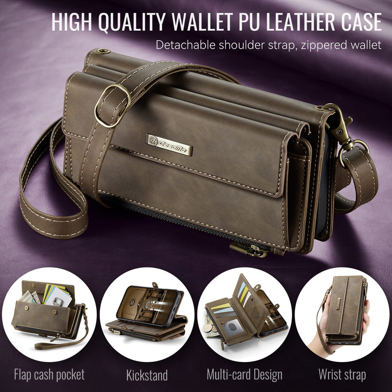 iPhone 14 Plus Crossbody Case with Strap, Card Slots & Zipper Pocket [Coffee]
