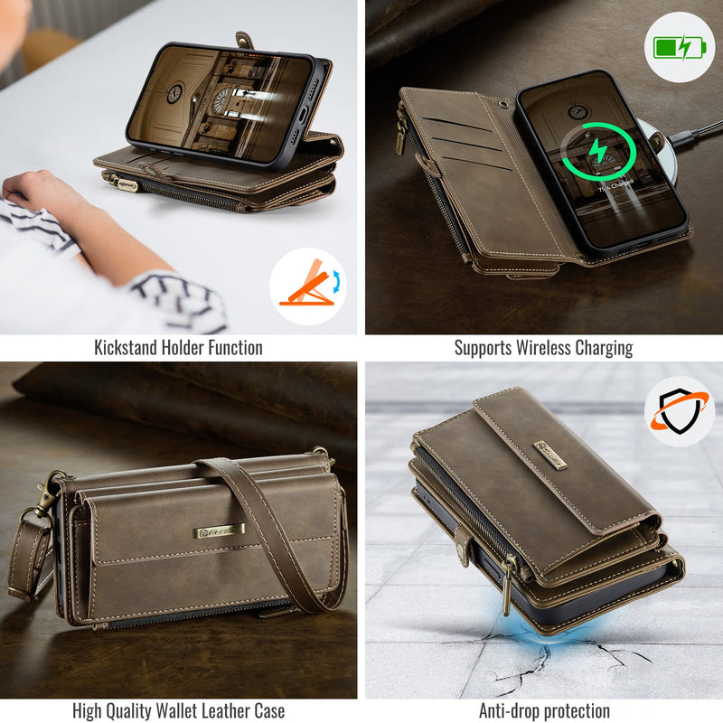 iPhone 14 Plus Crossbody Case with Strap, Card Slots & Zipper Pocket [Coffee]