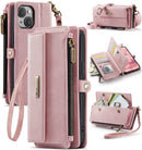iPhone 15 Plus Crossbody Case with Strap, Card Slots & Zipper Pocket [Pink]