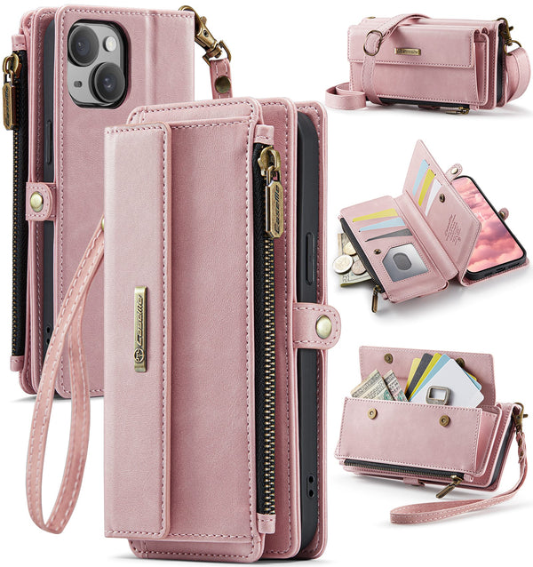 iPhone 14 Plus Crossbody Case with Strap, Card Slots & Zipper Pocket [Pink]