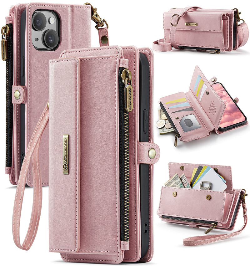 iPhone 14 Plus Crossbody Case with Strap, Card Slots & Zipper Pocket [Pink]