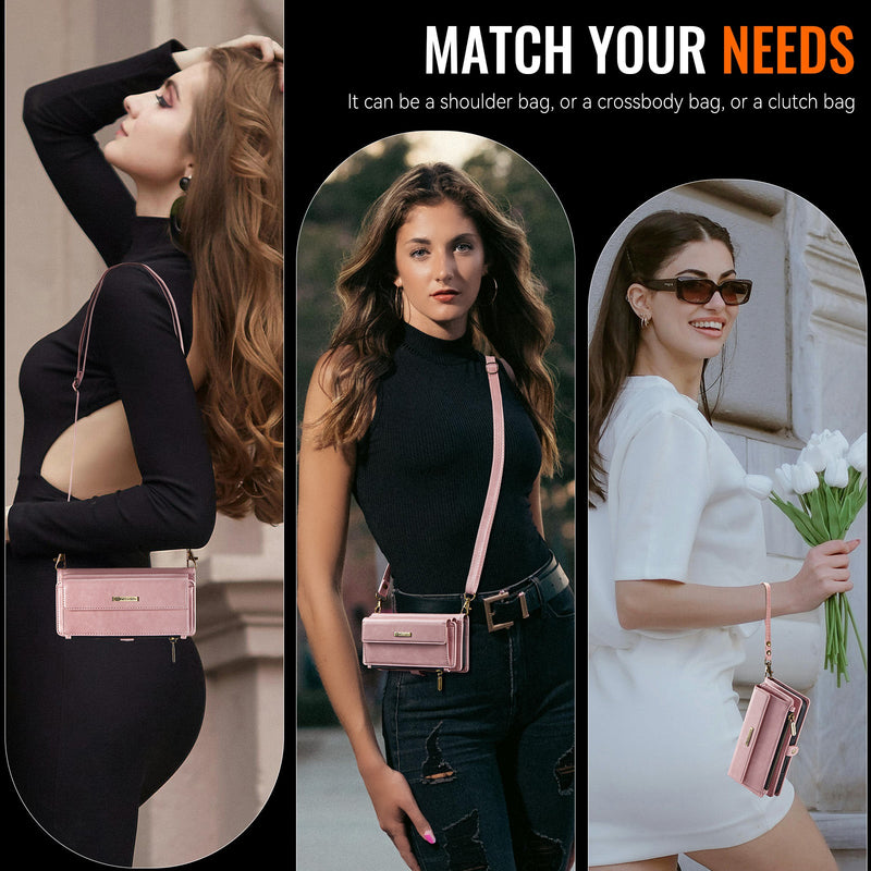 iPhone 15 Crossbody Case with Strap, Card Slots & Zipper Pocket [Pink]